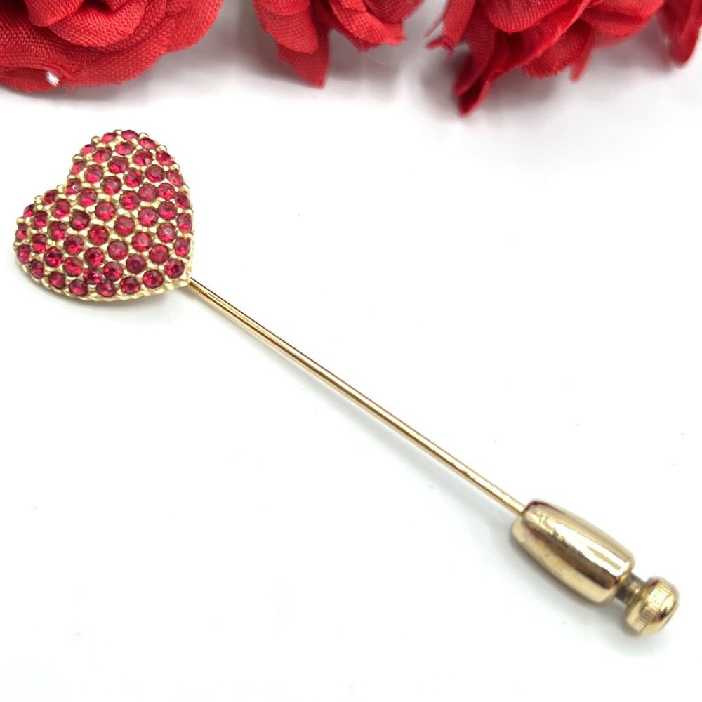 Early Pre-1955 Vintage CINER Signed Red Rhinestone Heart Stick Pin